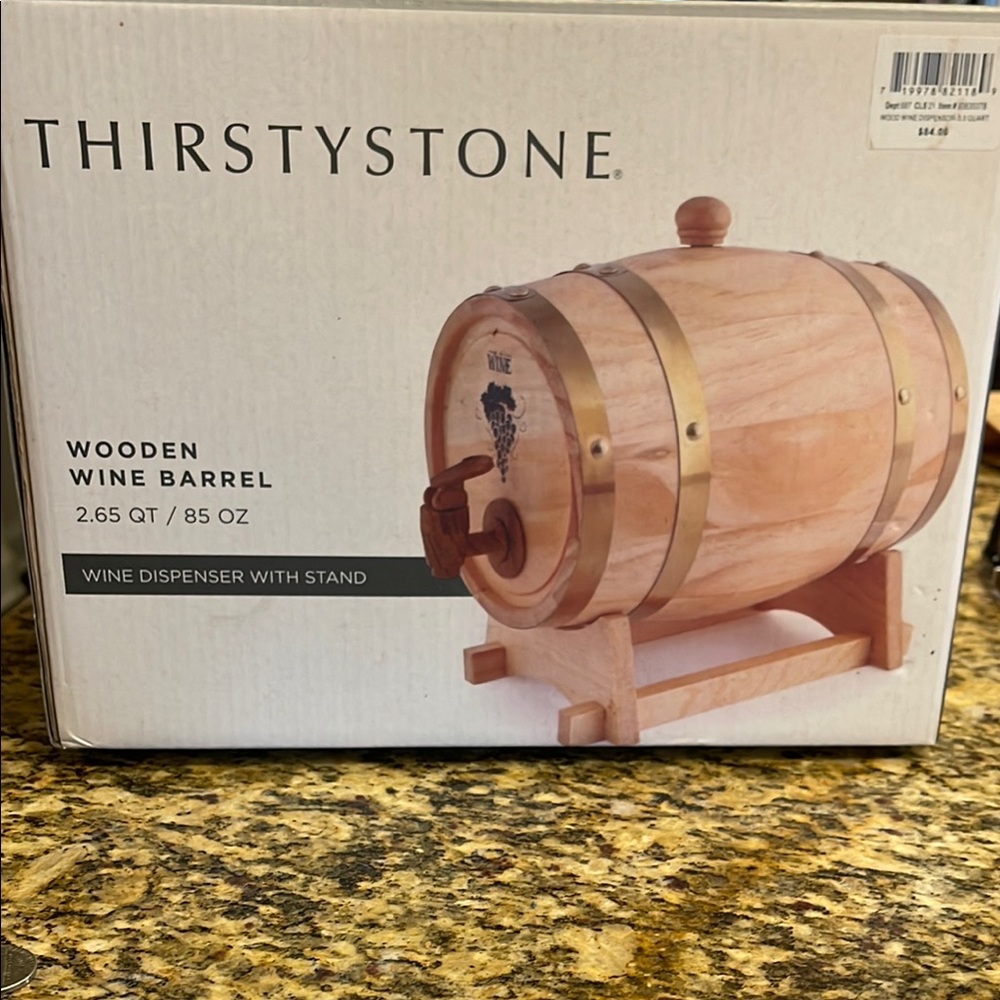 Thirstystone Natural Wood Wine Barrel Dispenser 2.65QT for Home Bar Entertaining